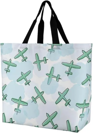 Cartoon Airplanes Pattern Women's Shoulder Shopping Bags Foldable Tote Bag Large Capacity Handbag for Work Travel