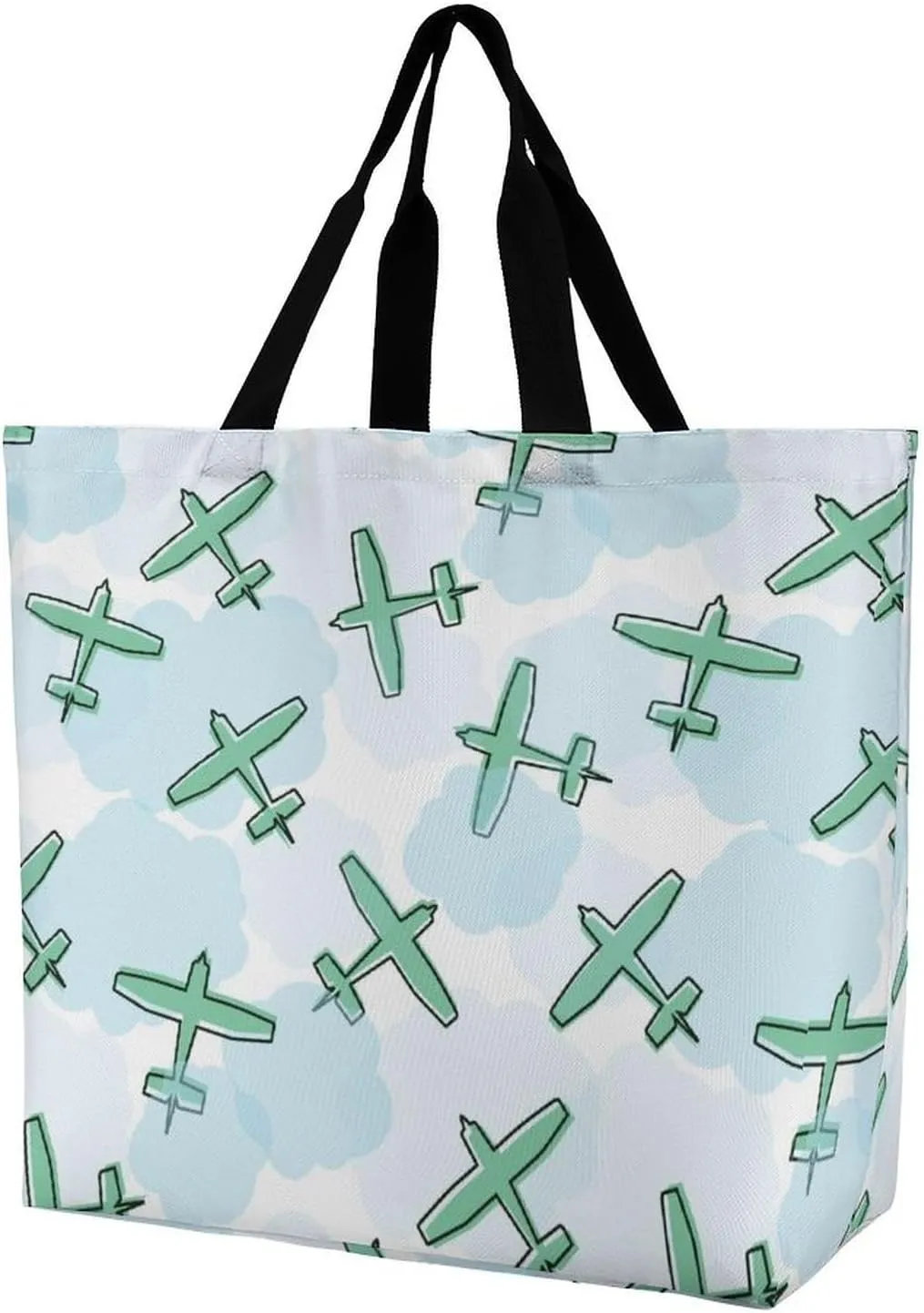 Cartoon Airplanes Pattern Women's Shoulder Shopping Bags Foldable Tote Bag Large Capacity Handbag for Work Travel