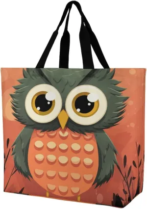 Cartoon Owl on Orange Background Tote Bag for Women Reusable Eco-friendly Shopping Bags Large Capacity Shoulder Bag