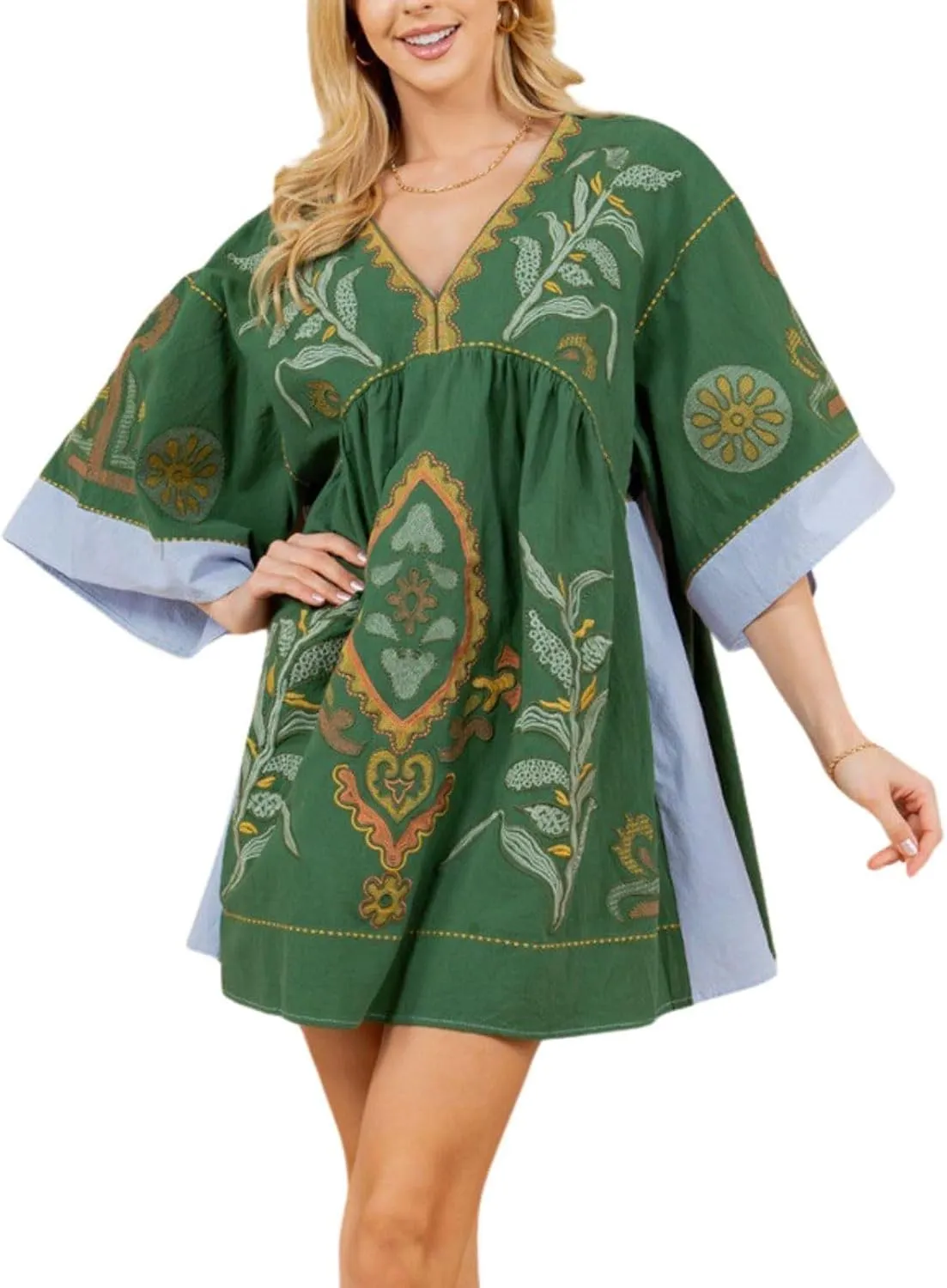 CHARTOU Women's Boho Linen Short Dress Baggy Bat-Sleeve Babydoll Mini Dress Floral V Neck Beach Sun Dresses