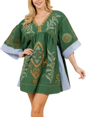 CHARTOU Women's Boho Linen Short Dress Baggy Bat-Sleeve Babydoll Mini Dress Floral V Neck Beach Sun Dresses