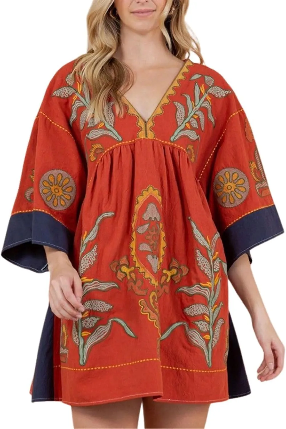 CHARTOU Women's Boho Linen Short Dress Baggy Bat-Sleeve Babydoll Mini Dress Floral V Neck Beach Sun Dresses