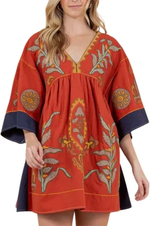 CHARTOU Women's Boho Linen Short Dress Baggy Bat-Sleeve Babydoll Mini Dress Floral V Neck Beach Sun Dresses
