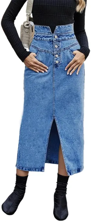 CHARTOU Women's Distressed Denim Jean High Waist Bodycon Pencil Slit Long Skirt