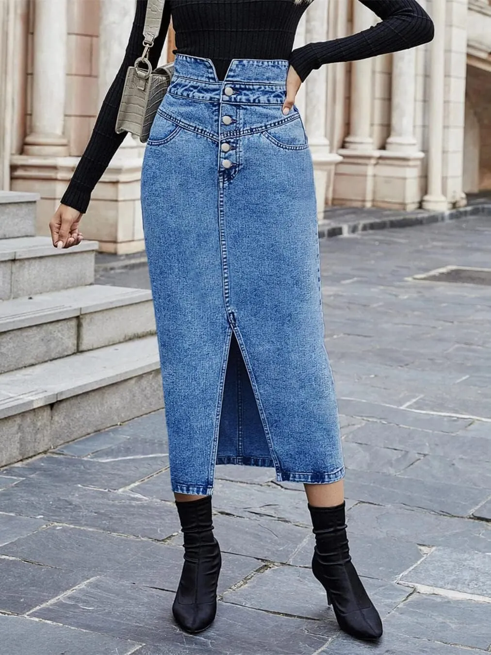 CHARTOU Women's Distressed Denim Jean High Waist Bodycon Pencil Slit Long Skirt
