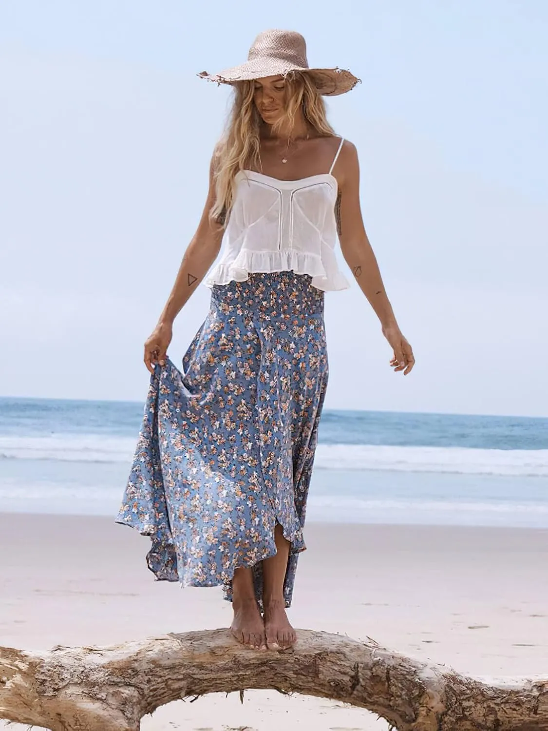 CHARTOU Women's Summer Beach Boho Floral Print Elastic Smocked Waist Ruffle Flowy Swing Maxi Skirt