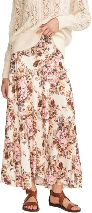 CHARTOU Women's Summer Beach Boho Floral Print Elastic Smocked Waist Ruffle Flowy Swing Maxi Skirt