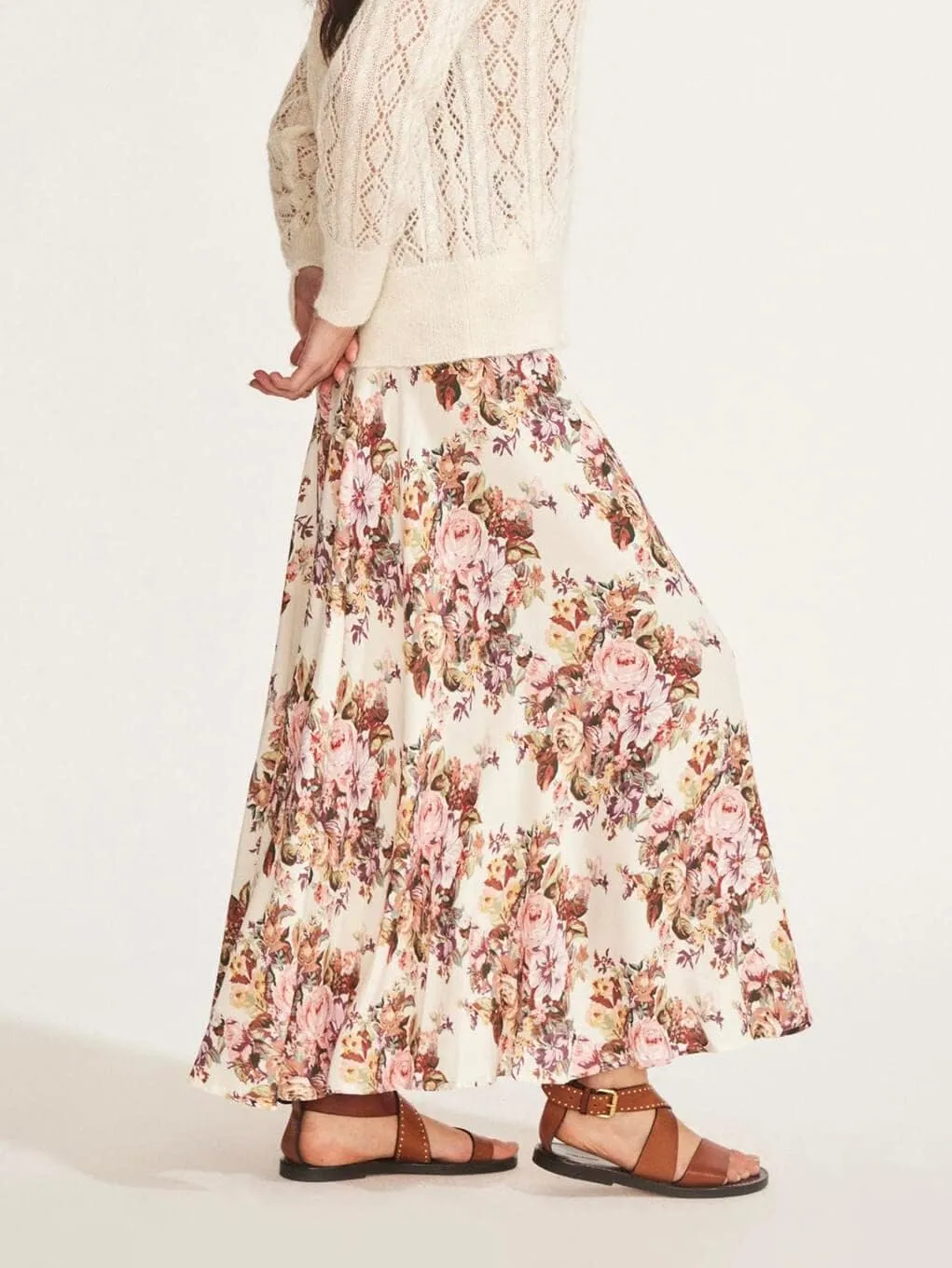 CHARTOU Women's Summer Beach Boho Floral Print Elastic Smocked Waist Ruffle Flowy Swing Maxi Skirt