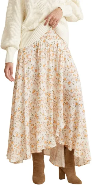 CHARTOU Women's Summer Beach Boho Floral Print Elastic Smocked Waist Ruffle Flowy Swing Maxi Skirt