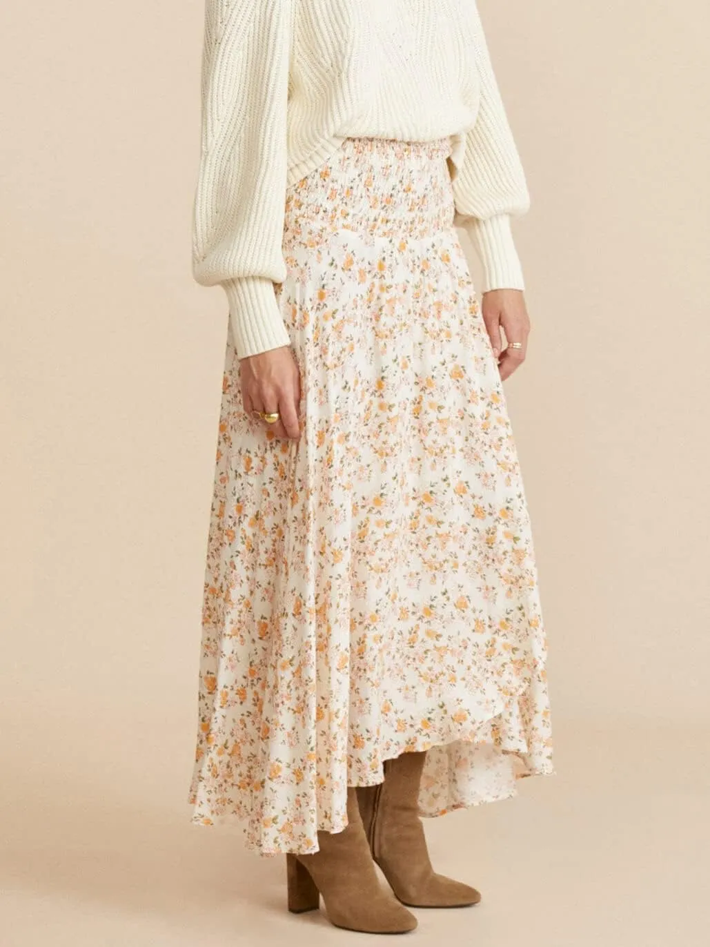 CHARTOU Women's Summer Beach Boho Floral Print Elastic Smocked Waist Ruffle Flowy Swing Maxi Skirt