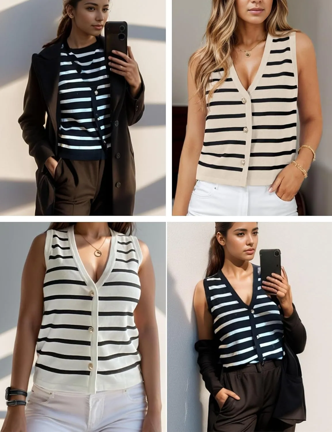 Chevara Women's Sleeveless Striped Sweater Vest Casual V Neck Vest Tops Summer Outfits