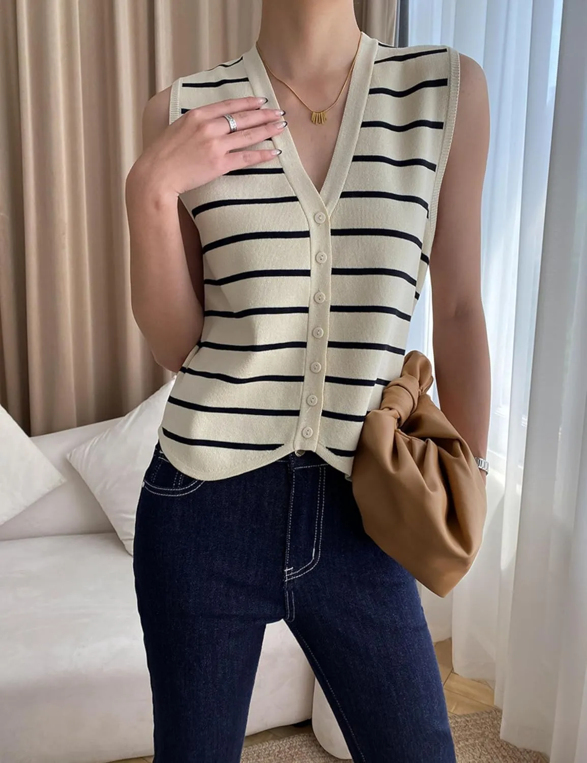 Chevara Women's Sleeveless Striped Sweater Vest Casual V Neck Vest Tops Summer Outfits