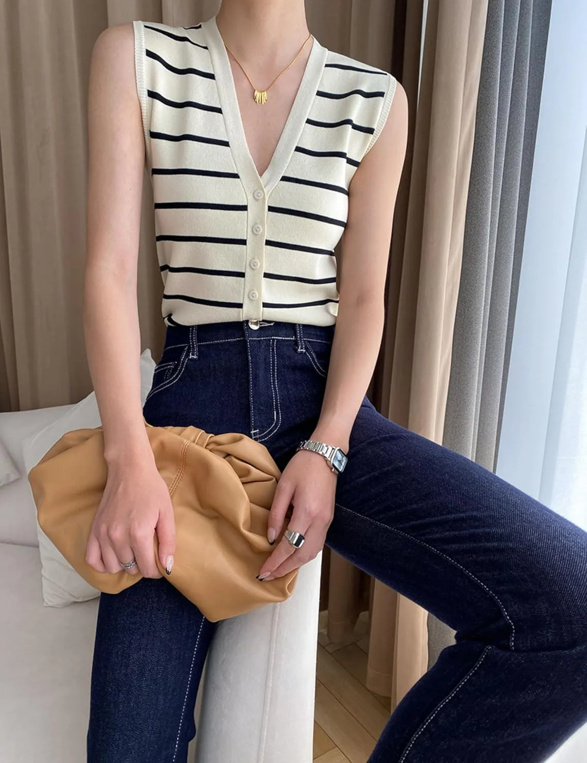 Chevara Women's Sleeveless Striped Sweater Vest Casual V Neck Vest Tops Summer Outfits