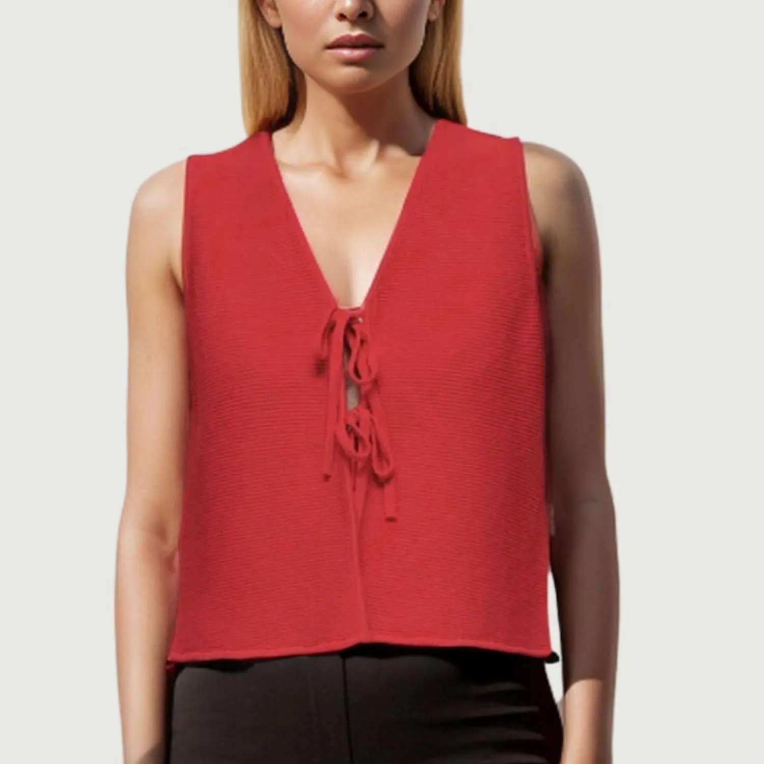 Chevara Womens Tie Front Knit Vest Top Sleeveless V Neck Cardigan Sweater Waistcoat