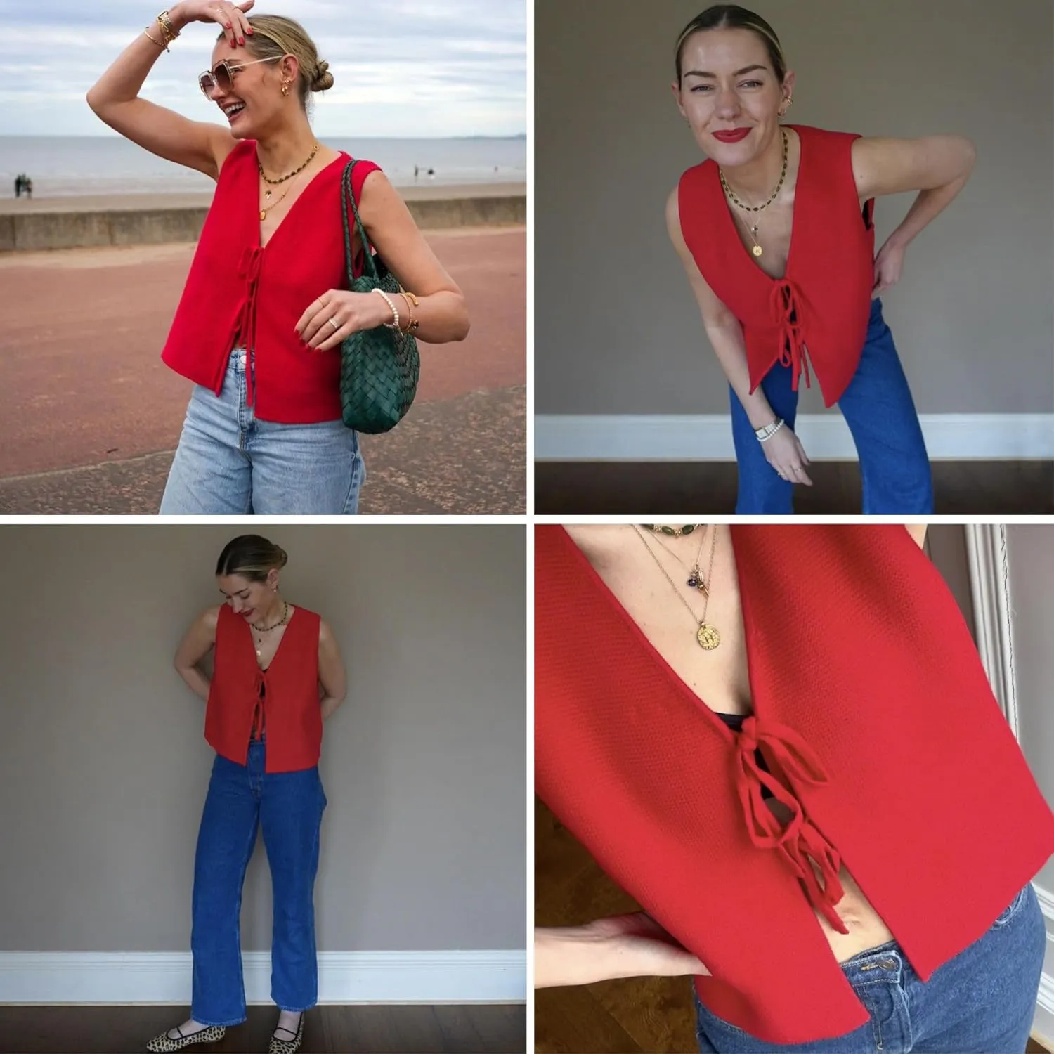 Chevara Womens Tie Front Knit Vest Top Sleeveless V Neck Cardigan Sweater Waistcoat