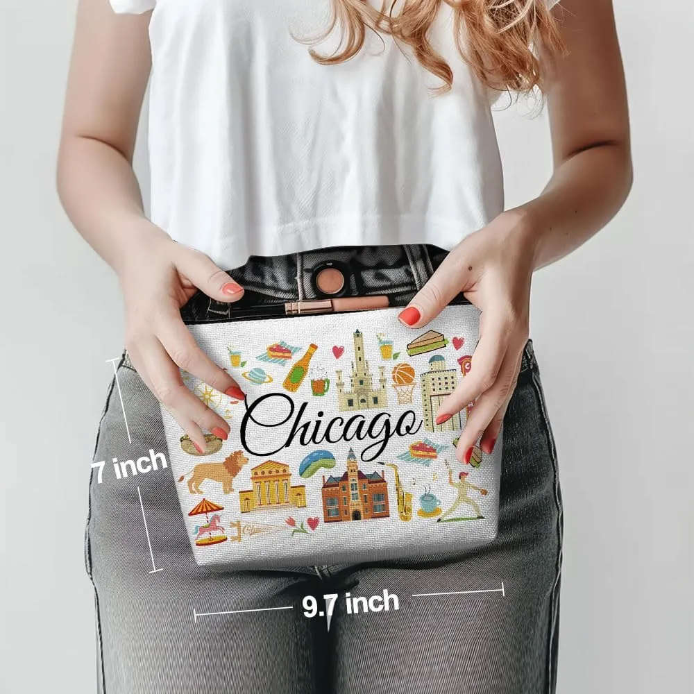 Chicago Gifts Makeup Bag, Chicago Souvenir Chicago Lovers Gift Funny Chicago Travel Vacation Cosmetic Bag for Women Friend Sister Her Girls trip Birthday Christmas Bachelorette Party Friendship Gifts