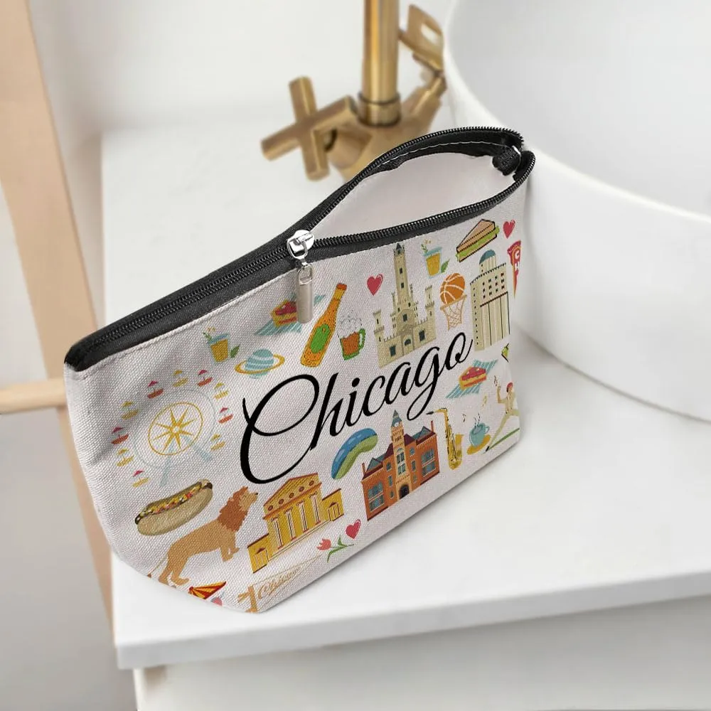 Chicago Gifts Makeup Bag, Chicago Souvenir Chicago Lovers Gift Funny Chicago Travel Vacation Cosmetic Bag for Women Friend Sister Her Girls trip Birthday Christmas Bachelorette Party Friendship Gifts