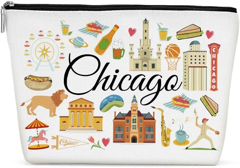 Chicago Gifts Makeup Bag, Chicago Souvenir Chicago Lovers Gift Funny Chicago Travel Vacation Cosmetic Bag for Women Friend Sister Her Girls trip Birthday Christmas Bachelorette Party Friendship Gifts