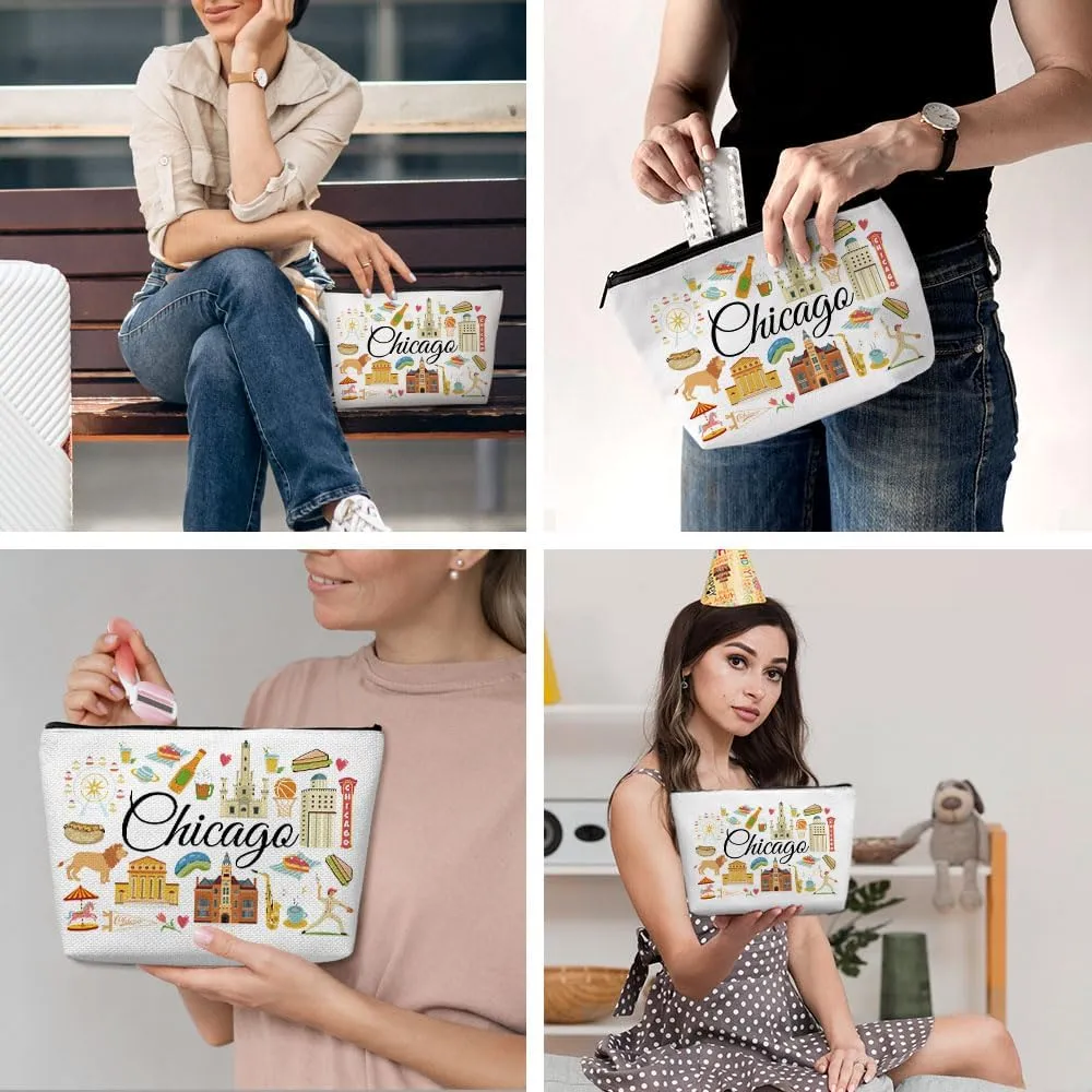 Chicago Gifts Makeup Bag, Chicago Souvenir Chicago Lovers Gift Funny Chicago Travel Vacation Cosmetic Bag for Women Friend Sister Her Girls trip Birthday Christmas Bachelorette Party Friendship Gifts