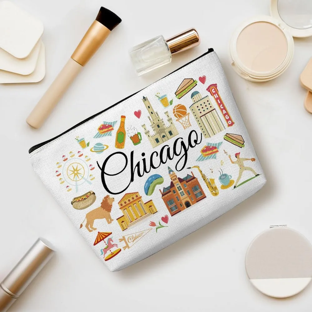Chicago Gifts Makeup Bag, Chicago Souvenir Chicago Lovers Gift Funny Chicago Travel Vacation Cosmetic Bag for Women Friend Sister Her Girls trip Birthday Christmas Bachelorette Party Friendship Gifts