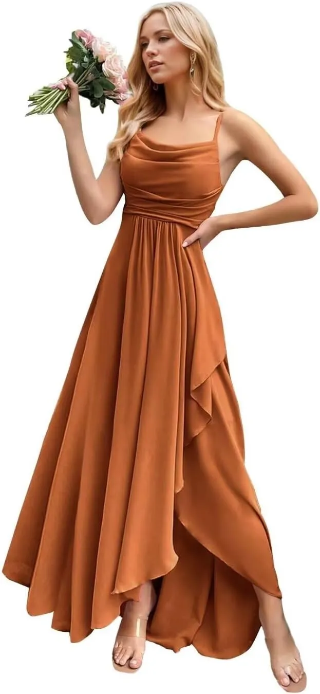 Chiffon Bridesmaid Dresses for Women Spaghetti Straps Long Ruched A Line Formal Evening Party Gowns with Slit