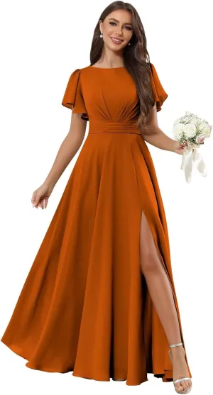Chiffon Bridesmaid Dresses Long A Line Short Sleeve Evening Formal Gown with Slit