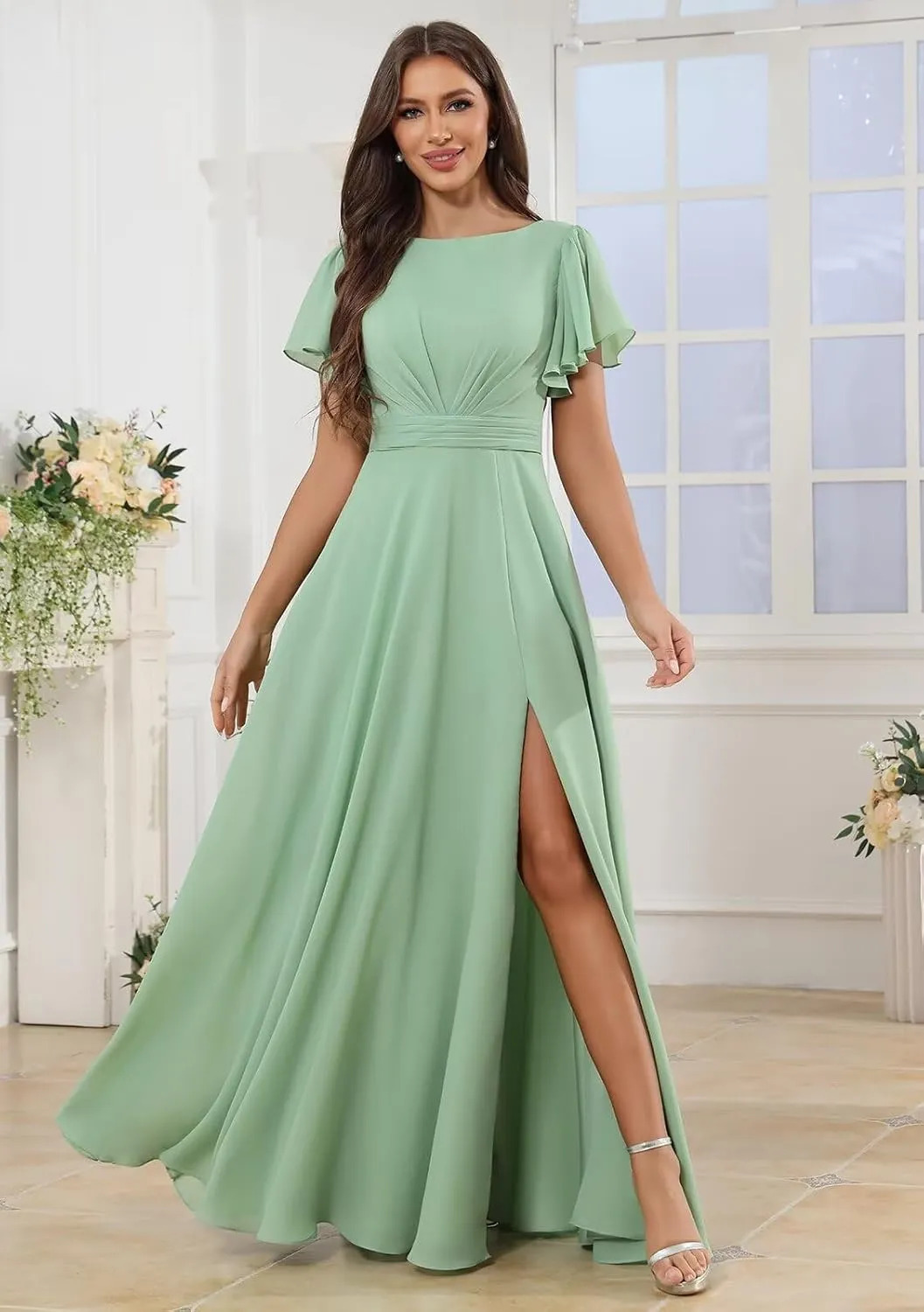 Chiffon Bridesmaid Dresses Long A Line Short Sleeve Evening Formal Gown with Slit