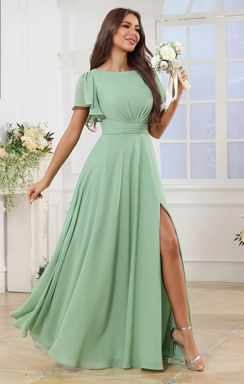 Chiffon Bridesmaid Dresses Long A Line Short Sleeve Evening Formal Gown with Slit