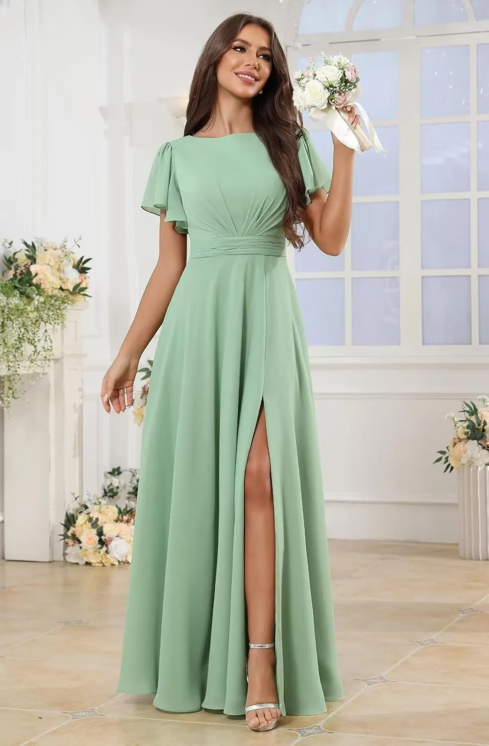 Chiffon Bridesmaid Dresses Long A Line Short Sleeve Evening Formal Gown with Slit