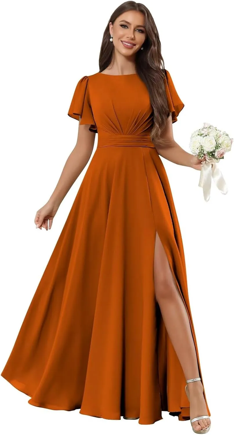 Chiffon Bridesmaid Dresses Long A Line Short Sleeve Evening Formal Gown with Slit