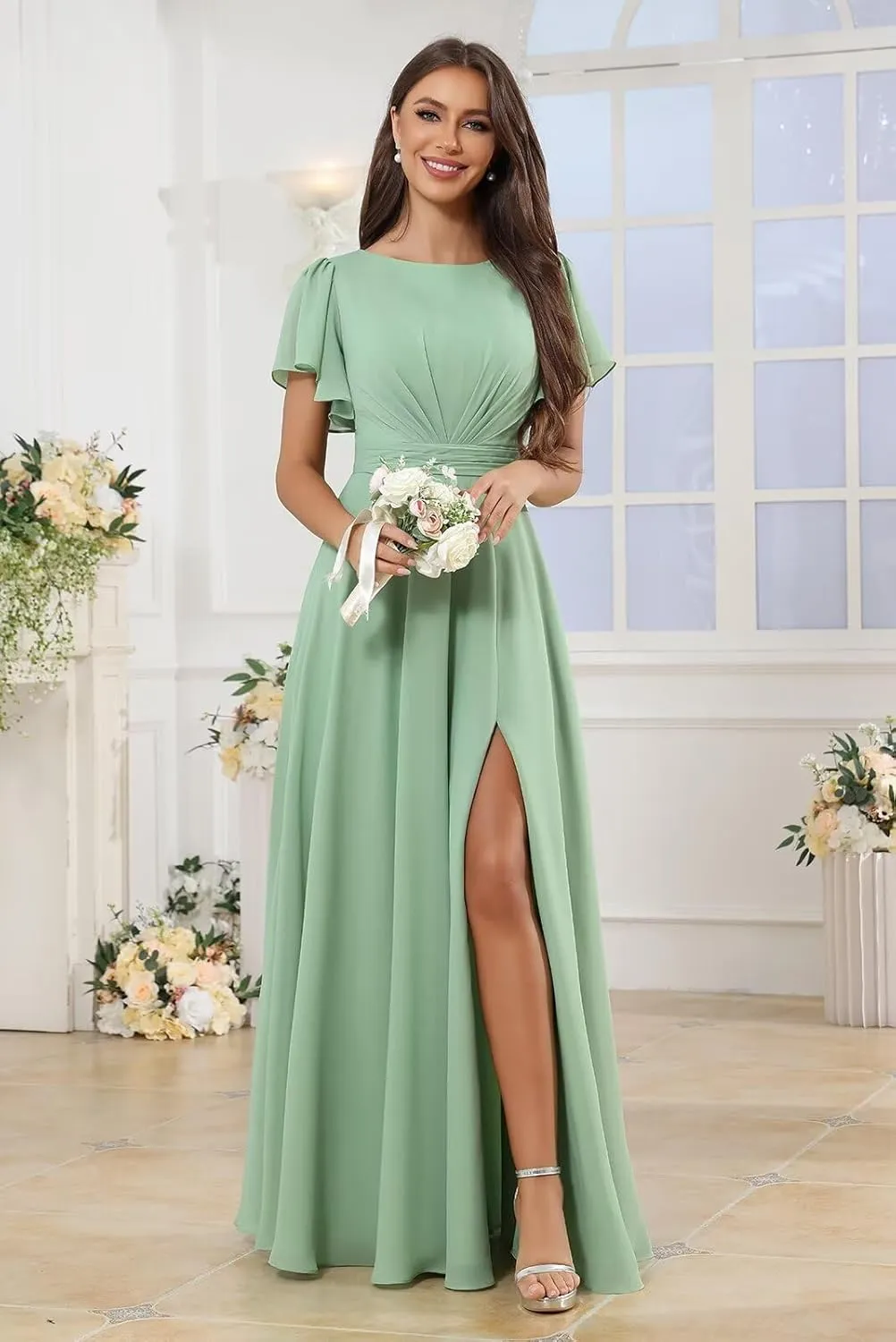 Chiffon Bridesmaid Dresses Long A Line Short Sleeve Evening Formal Gown with Slit