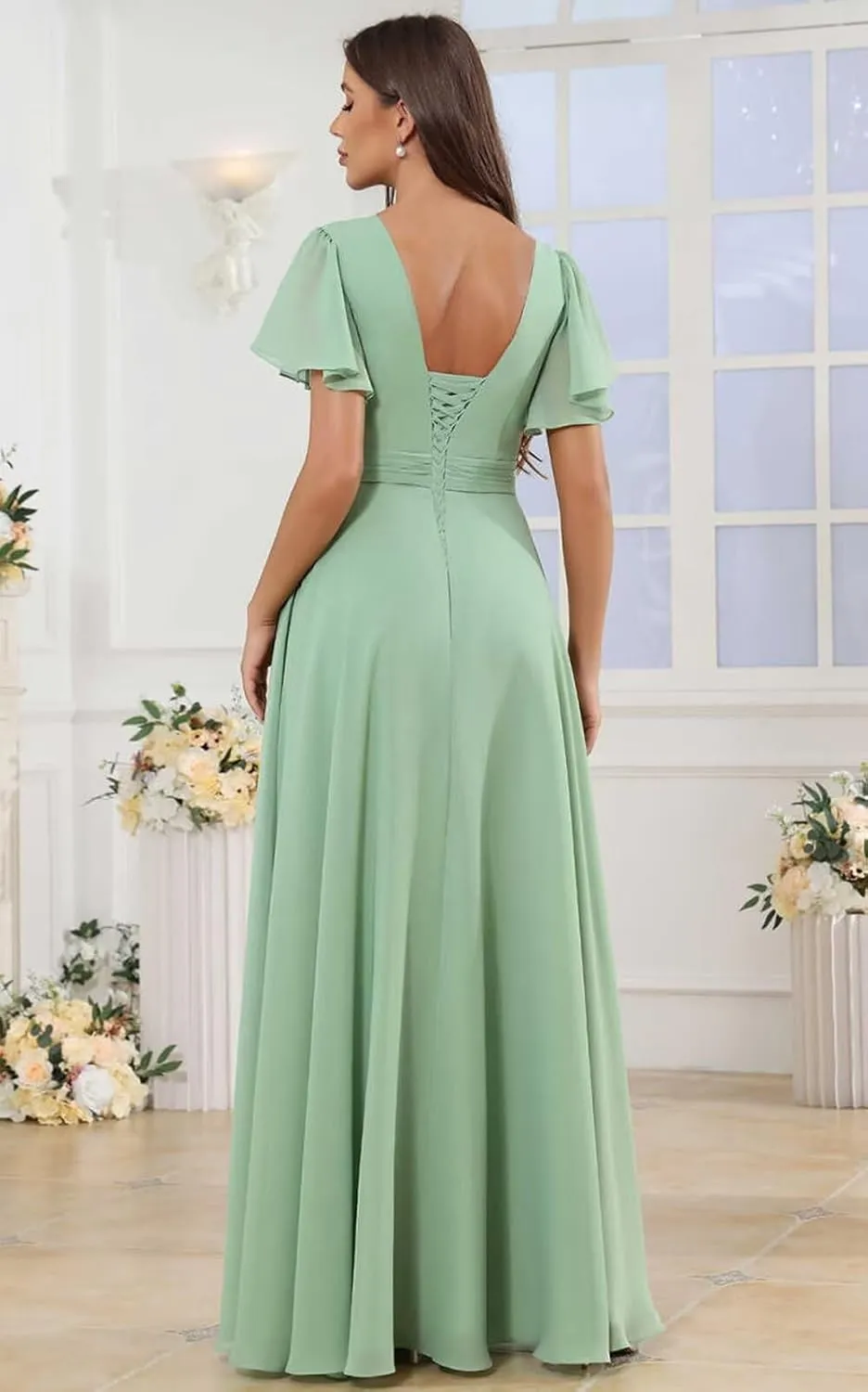Chiffon Bridesmaid Dresses Long A Line Short Sleeve Evening Formal Gown with Slit