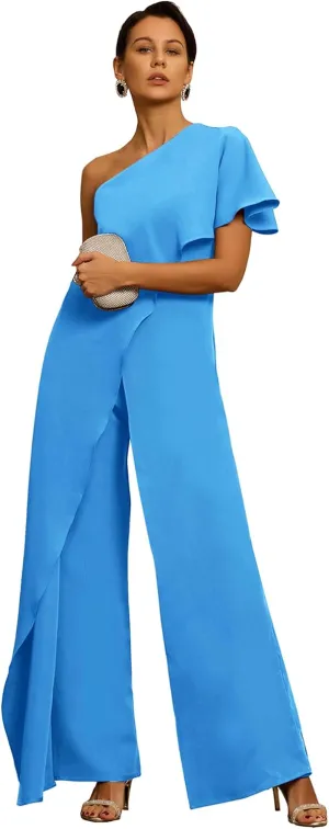 Chiffon One Shoulder Mother of The Bride Pant Suits for Women Flowy Wedding Guest Party Formal Outfit