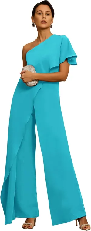 Chiffon One Shoulder Mother of The Bride Pant Suits for Women Flowy Wedding Guest Party Formal Outfit