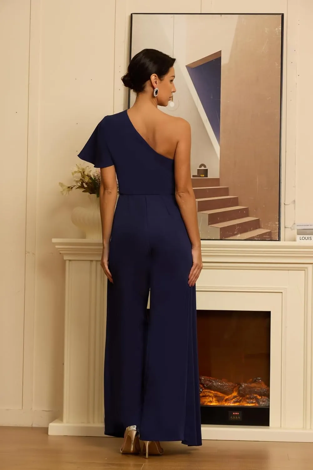 Chiffon One Shoulder Mother of The Bride Pant Suits for Women Flowy Wedding Guest Party Formal Outfit