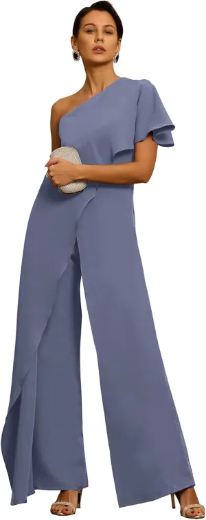 Chiffon One Shoulder Mother of The Bride Pant Suits for Women Flowy Wedding Guest Party Formal Outfit