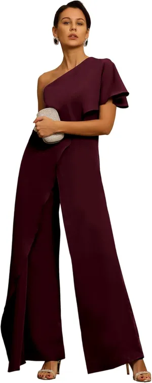 Chiffon One Shoulder Mother of The Bride Pant Suits for Women Flowy Wedding Guest Party Formal Outfit