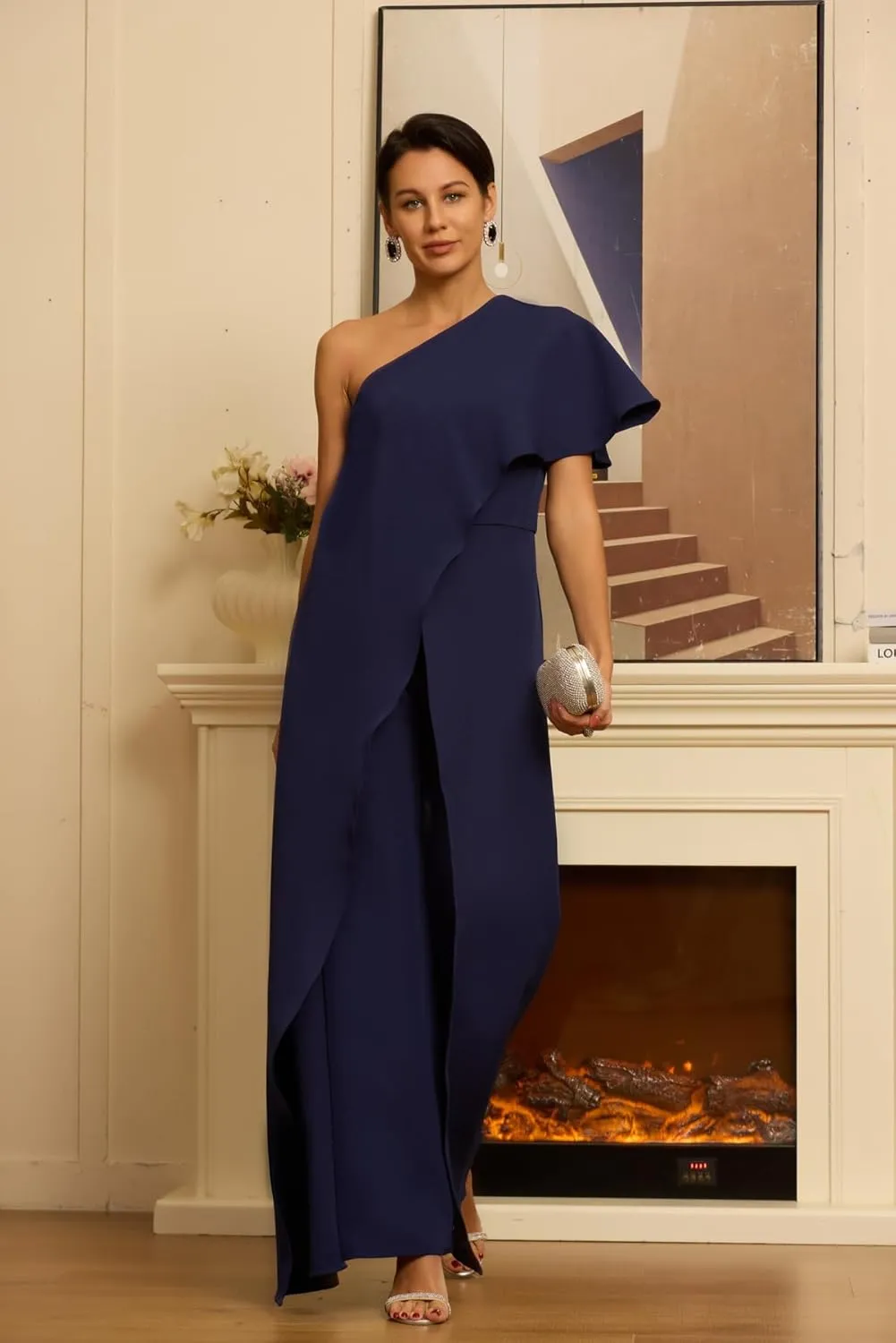 Chiffon One Shoulder Mother of The Bride Pant Suits for Women Flowy Wedding Guest Party Formal Outfit