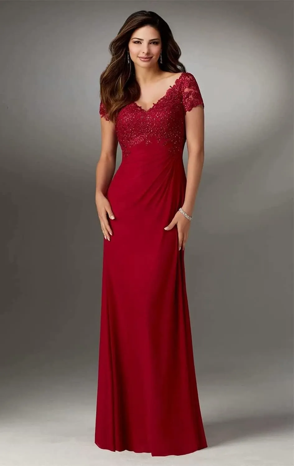 Chiffon Plus Size Mother of The Bride Dresses Long Laces Appliques V-Neck Short Sleeve Mother of The Groom Dress A-Line