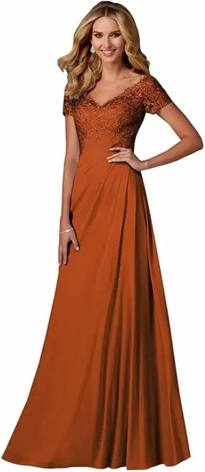 Chiffon Plus Size Mother of The Bride Dresses Long Laces Appliques V-Neck Short Sleeve Mother of The Groom Dress A-Line
