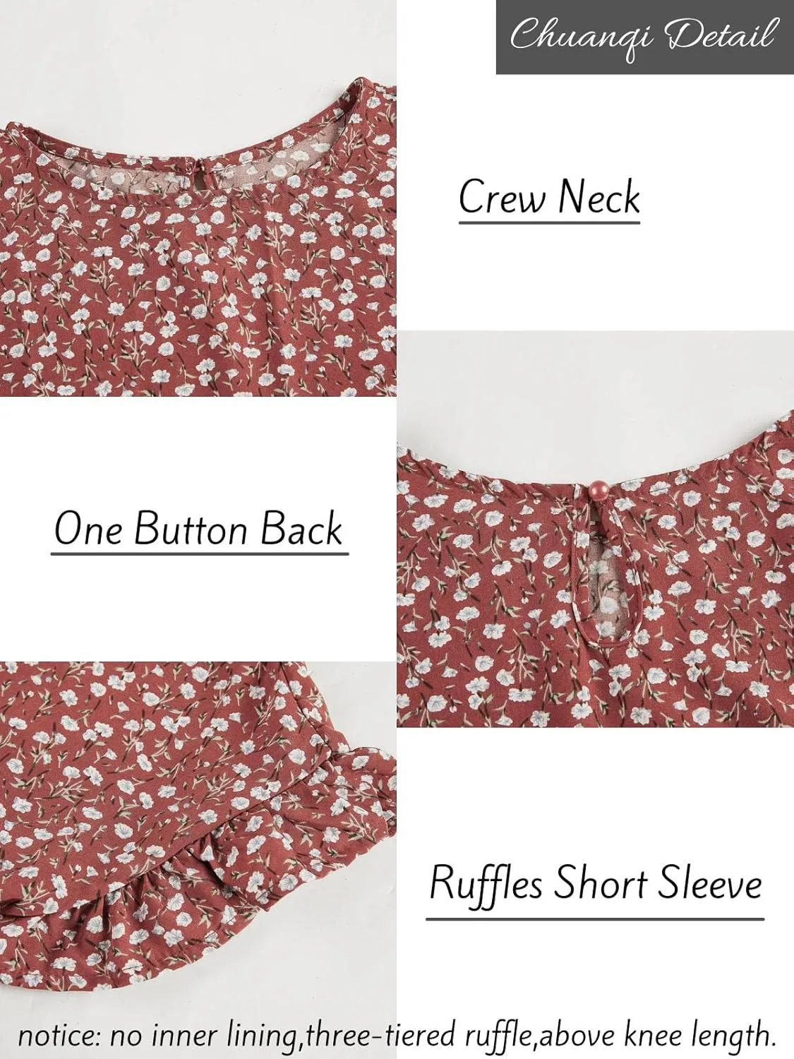 Chuanqi Womens Ruffles Boho Floral Printed Babydoll Loose Swing Casual Short Mini T-Shirt Dress