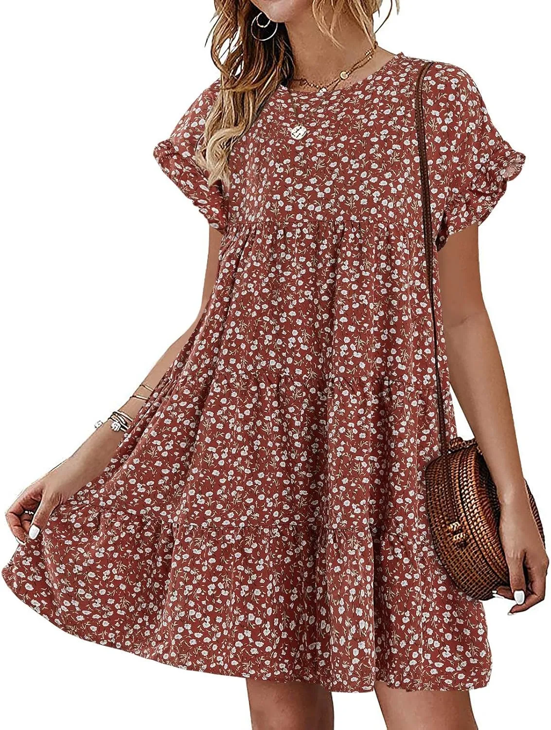 Chuanqi Womens Ruffles Boho Floral Printed Babydoll Loose Swing Casual Short Mini T-Shirt Dress