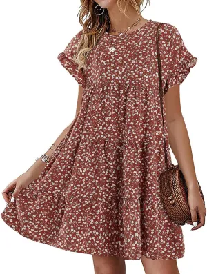 Chuanqi Womens Ruffles Boho Floral Printed Babydoll Loose Swing Casual Short Mini T-Shirt Dress