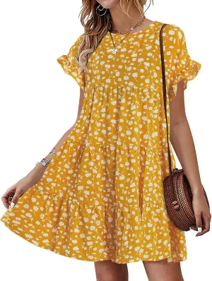 Chuanqi Womens Ruffles Boho Floral Printed Babydoll Loose Swing Casual Short Mini T-Shirt Dress