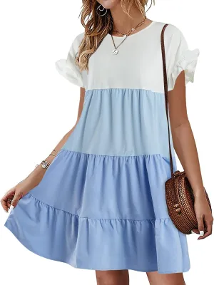 Chuanqi Womens Ruffles Boho Floral Printed Babydoll Loose Swing Casual Short Mini T-Shirt Dress