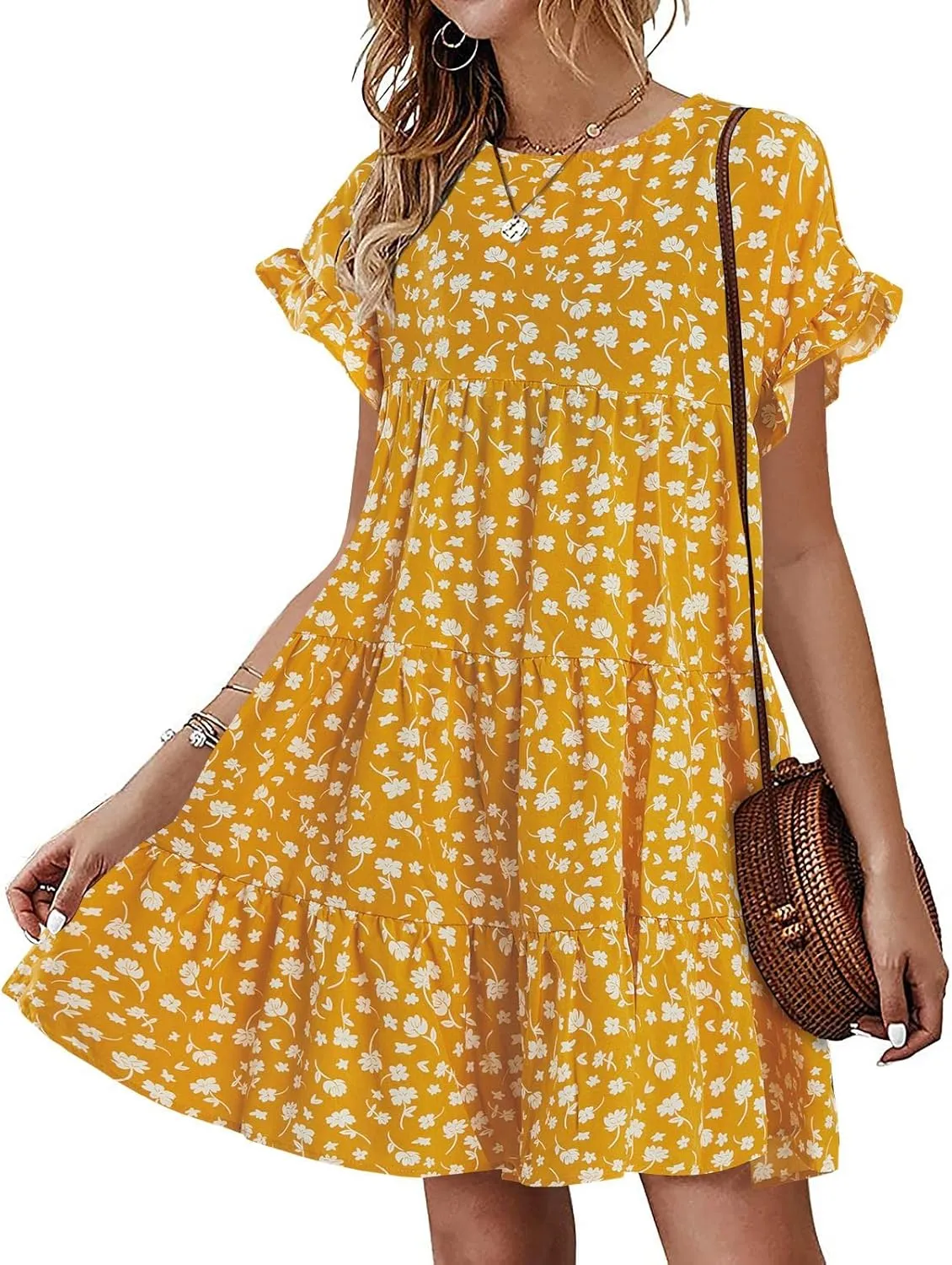 Chuanqi Womens Ruffles Boho Floral Printed Babydoll Loose Swing Casual Short Mini T-Shirt Dress