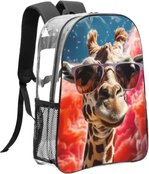 Clear Backpack Heavy Duty PVC Transparent Bookbag Giraffe wearing sunglasses Backpack Daypack Laptop Backpack