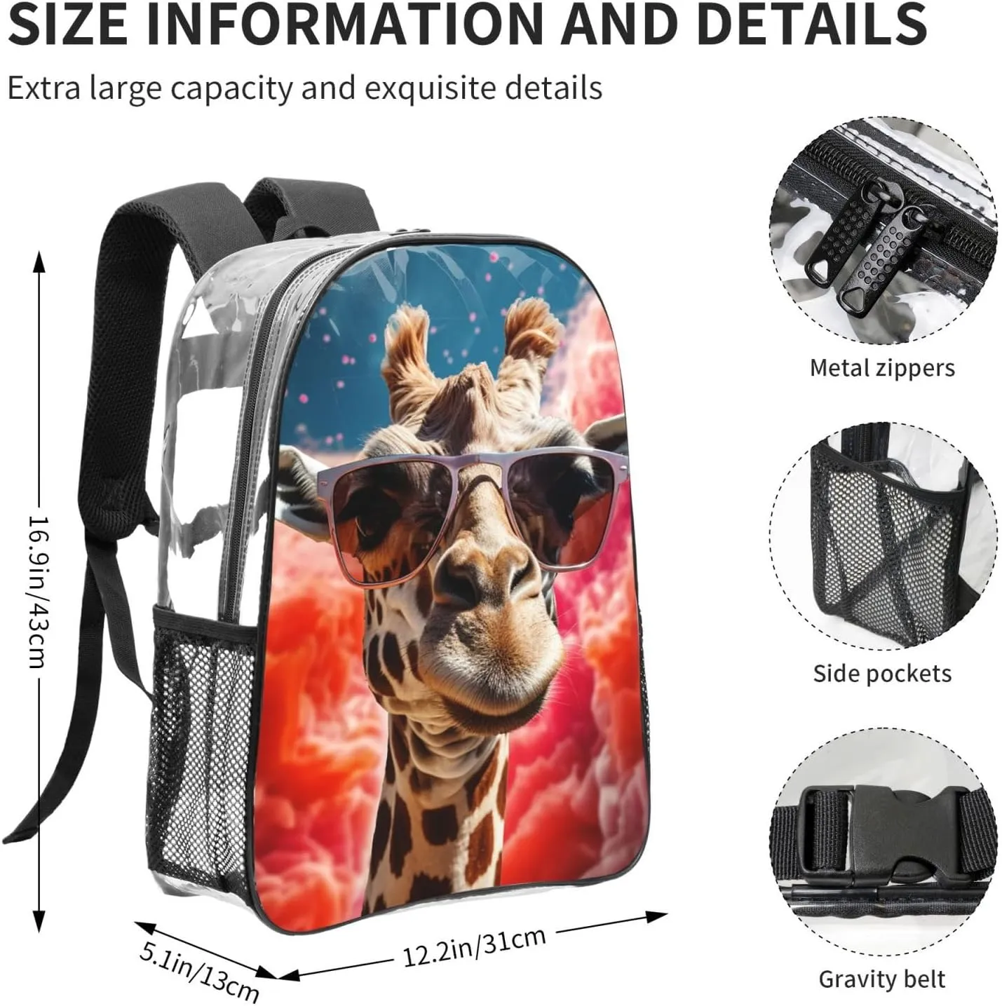 Clear Backpack Heavy Duty PVC Transparent Bookbag Giraffe wearing sunglasses Backpack Daypack Laptop Backpack