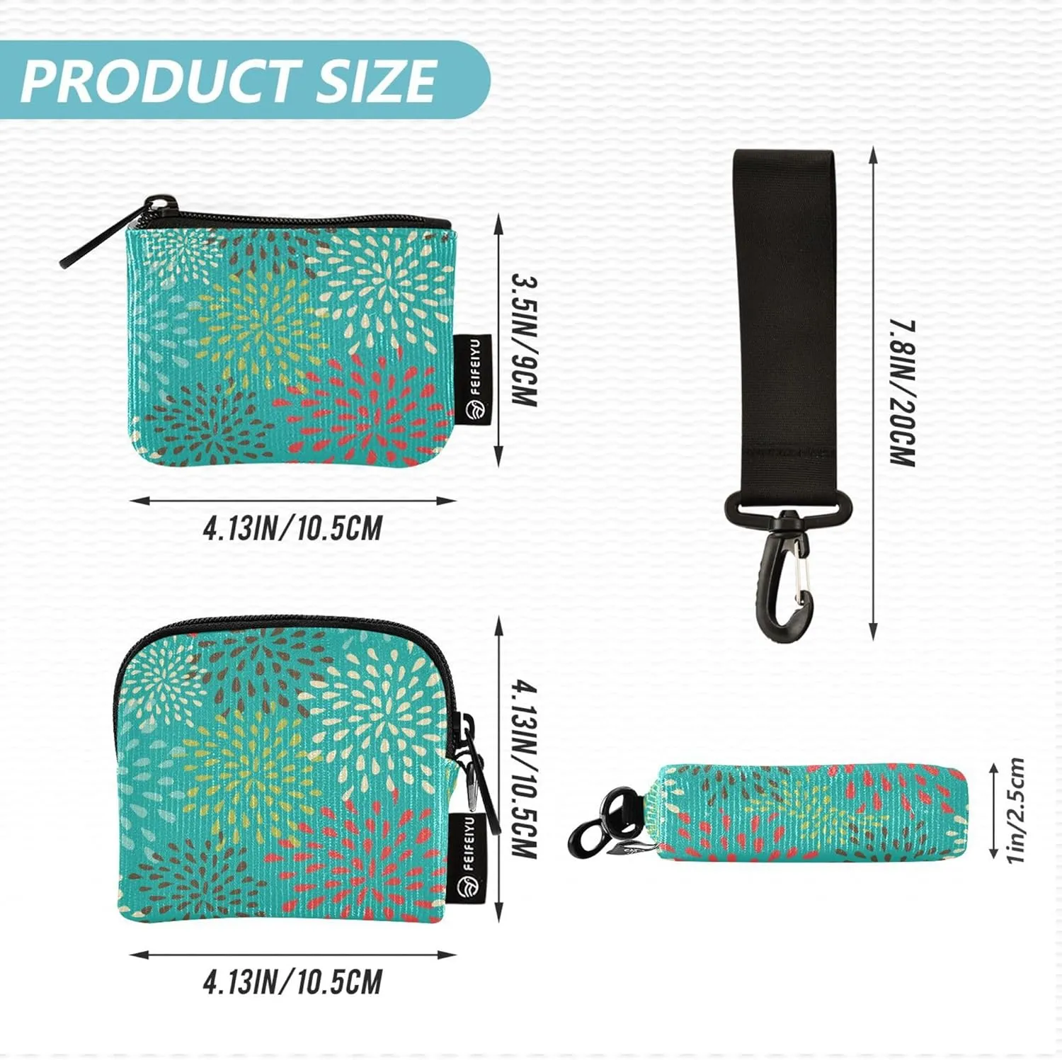 Colored Abstract Flowers Women's Coin Wallet Card Holder Minimalist Coin Purse Wallet Bag with Wristle Strap for Ladies Girls 2 Pcs