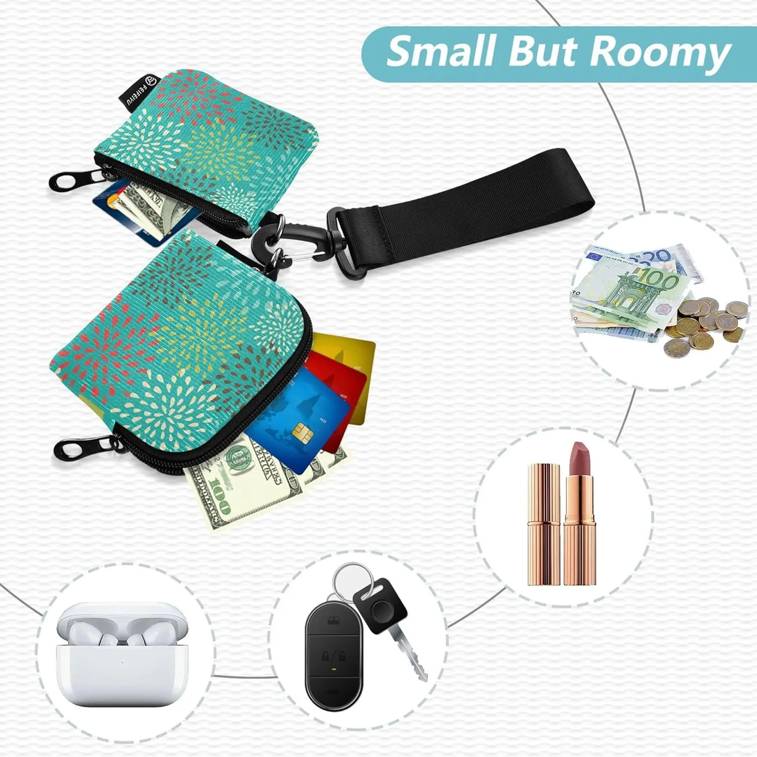 Colored Abstract Flowers Women's Coin Wallet Card Holder Minimalist Coin Purse Wallet Bag with Wristle Strap for Ladies Girls 2 Pcs